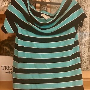 MICHAEL Michael Kors Teal, Black and White Striped Crew Top
